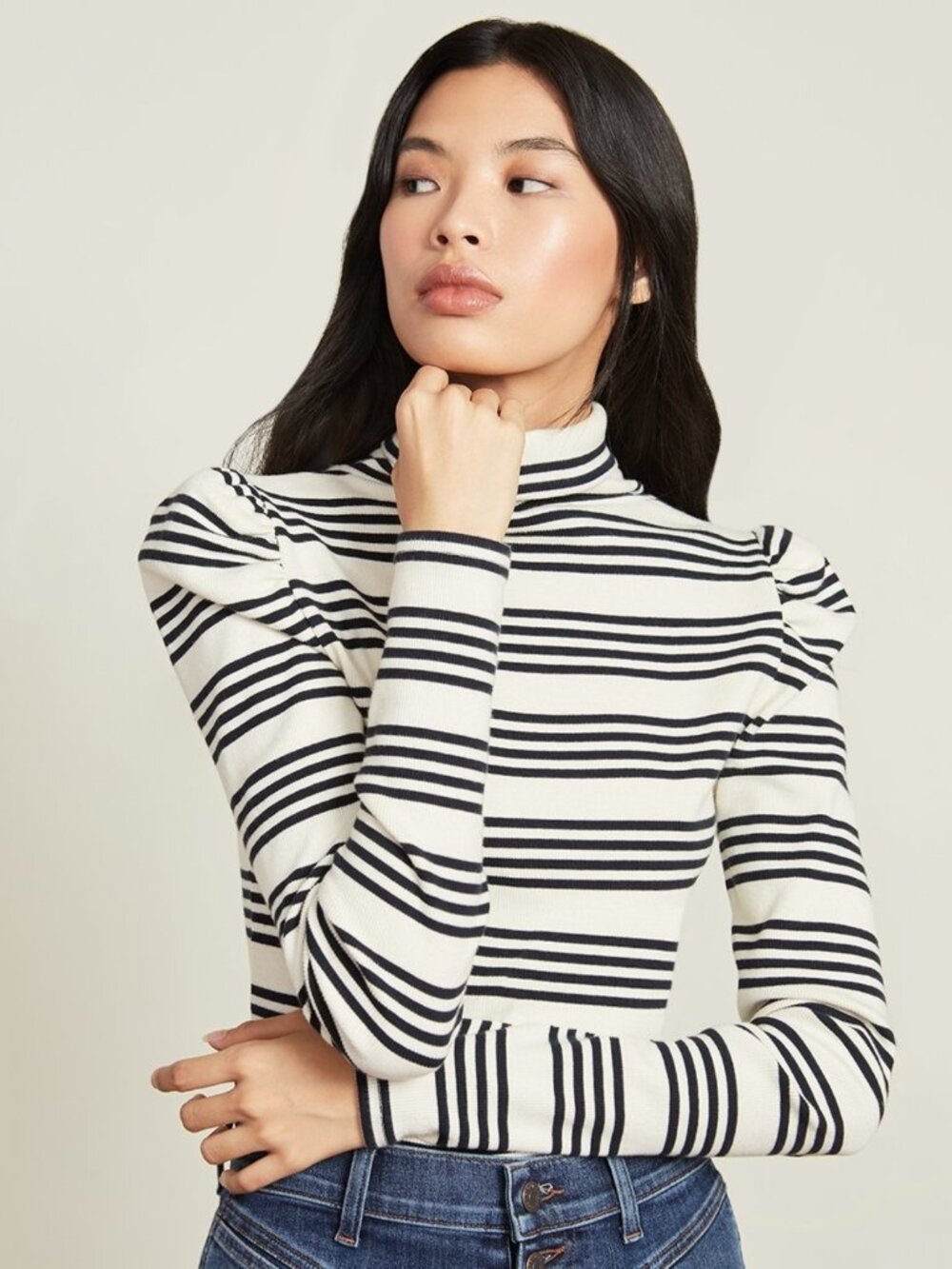 Veronica Beard Cedar Striped Turtleneck in Ivory/Navy